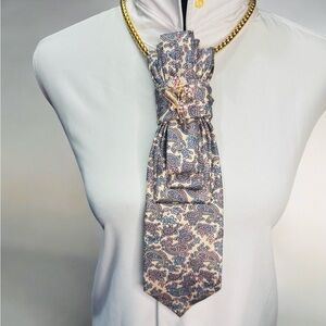 Stafford Pink and Blue Paisley Necktie with Rose Gold Flower Brooch